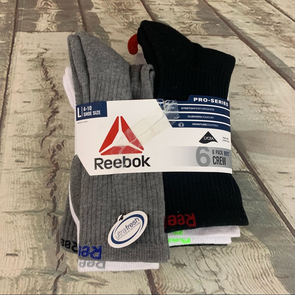 Reebok Large Boy's Crew Socks 6 Pack Pro Series Moisture Control Shoe Sz 4-10